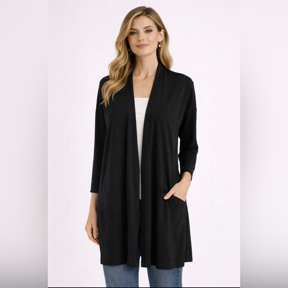 Eileen Fisher Cardigan Topper Light Jacket Black Small Stretch $318 Duster